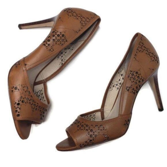 Louise Et Cie Gretel Brown cognac Leather laser Cutout Peep Toe Heels Size 10M - Picture 2 of 8